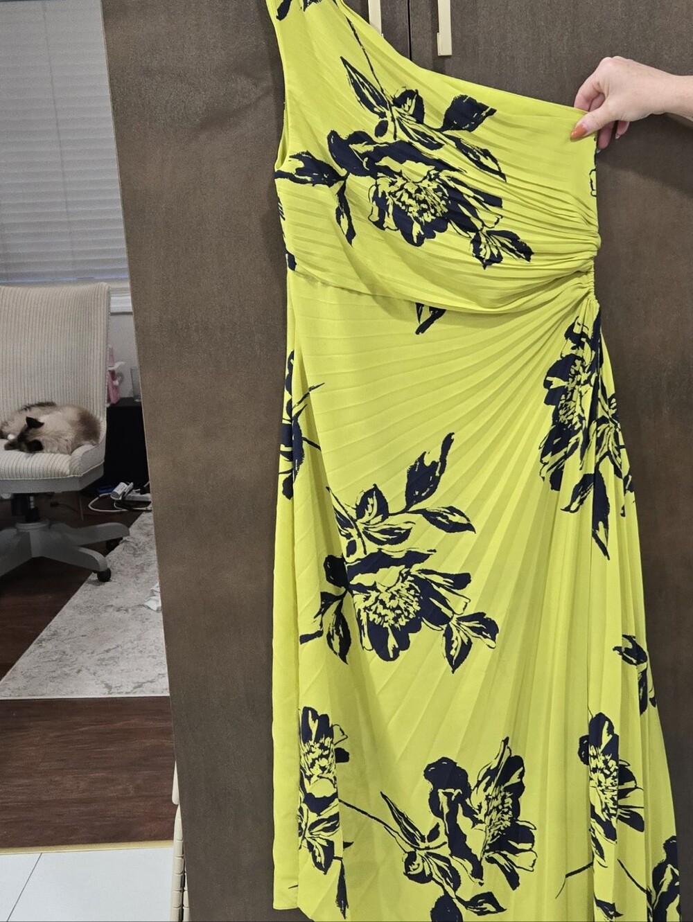 Nicole Miller One-Shoulder Floral Midi Dress in Lime and Navy